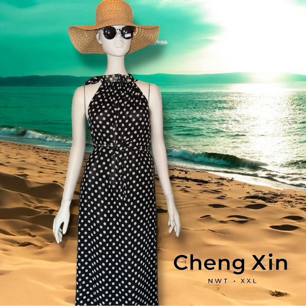 Cheng Xin NWT Dress Black White Polka Dot Halter Neck Maxi Resortwear Size XXL - Picture 13 of 16